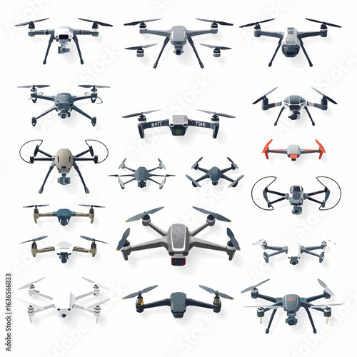 Collection of modern quadcopter drones. Set of unmanned aerial vehicles with cameras for photography and surveillance, isolated on a white background.