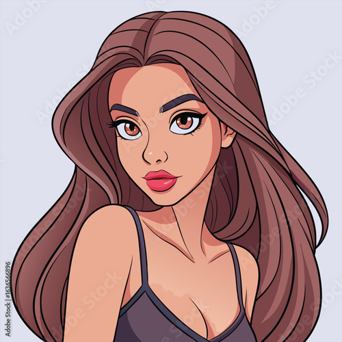 Beautiful cartoon woman with long wavy brown hair and striking brown eyes wearing a dark purple camisole