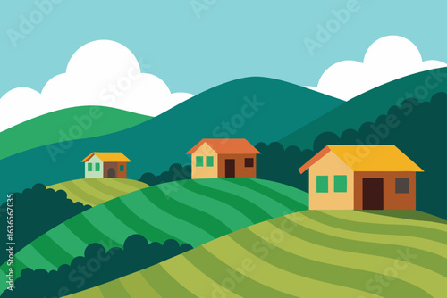 Charming houses nestled on rolling green hills under a bright blue sky with fluffy clouds