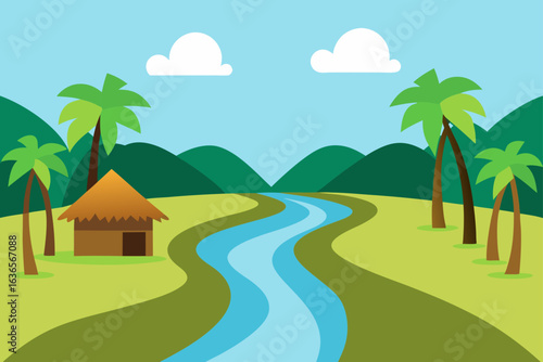 Idyllic tropical landscape with a winding river palm trees and a simple hut nestled among rolling green hills