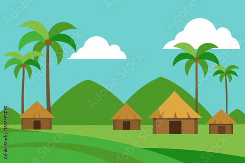 Tropical village scene with thatched huts palm trees rolling green hills and fluffy clouds under a clear blue sky