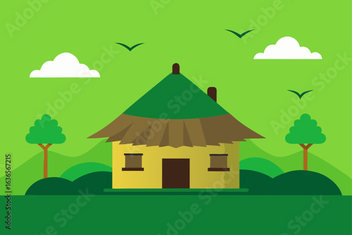 Charming yellow cottage with a thatched roof nestled amidst rolling green hills and fluffy clouds