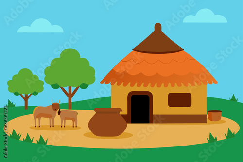 Traditional african village scene with a thatched roof hut cattle trees and pottery under a blue sky