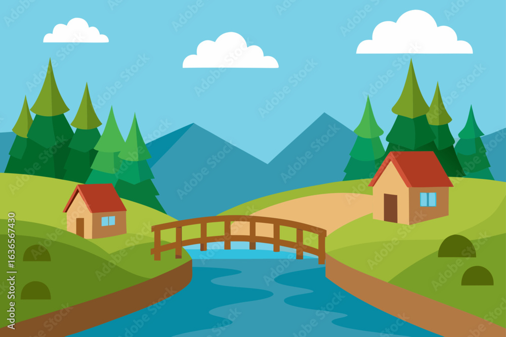Naklejka premium Idyllic landscape featuring two charming houses connected by a wooden bridge over a flowing river
