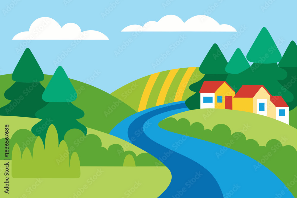 Fototapeta premium Charming cartoon landscape with rolling green hills a winding blue river and quaint houses nestled among trees