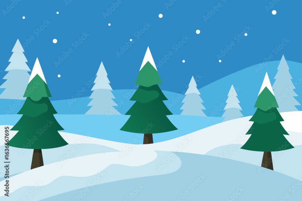 Obraz premium Stylized winter landscape with snow covered evergreen trees and falling snowflakes