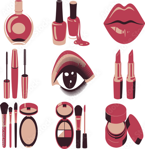 Chic makeup collection featuring lipstick, mascara, eyeshadow, blush, and nail polish for beauty and fashion.