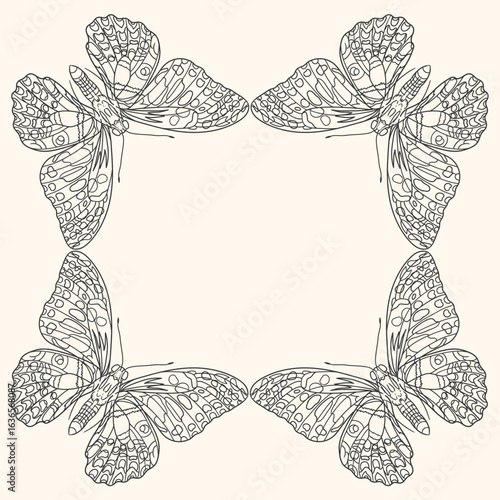 Original illustration of an ornamental butterfly frame in a minimalist hand-drawn linear style, for cards, posters and graphic design.