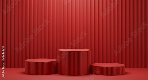 Monochromatic Red 3D Podium Set with Fluted Texture for Product Display