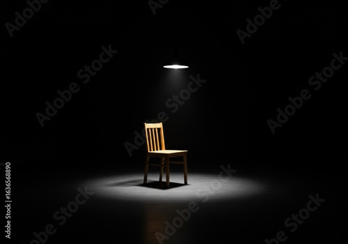 Illuminated chair in dark room, spotlight, waiting, suspense, mystery, interrogation, film noir, photography