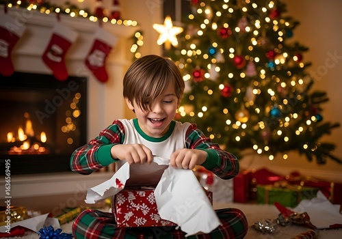 The Wonder of Christmas Morning: A Child's Joyful Surprise Unwrapping a Gift