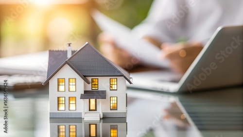Person analyzing home plans on laptop near detailed house model