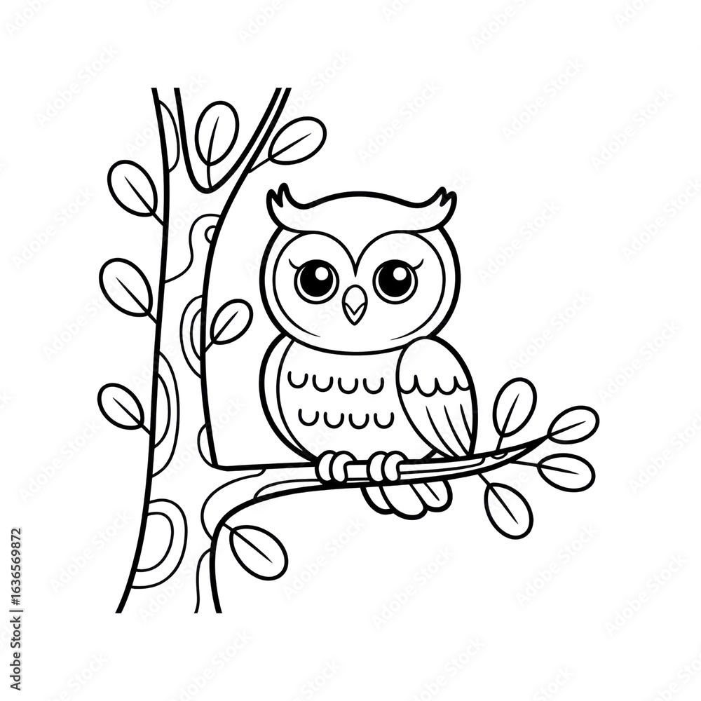 Fototapeta premium Adorable Cartoon Owl Perched on Branch, Nighttime Illustration