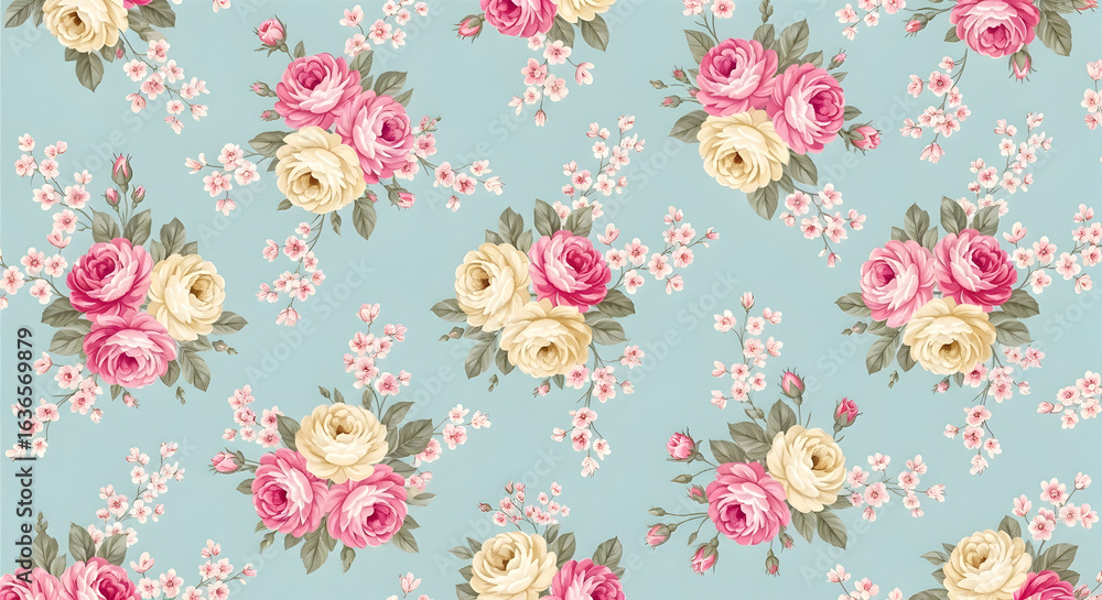 Fototapeta premium Charming vintage floral pattern with pink and cream roses on a soft blue background