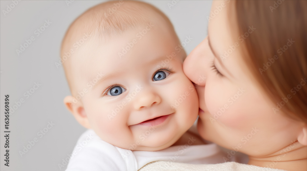Close up of mother kissing her smiling baby with bright blue eyes, showing love and affection in tender moment Close up of mother kissing her smiling baby with bright blue eyes, showing love and affection in tender moment
