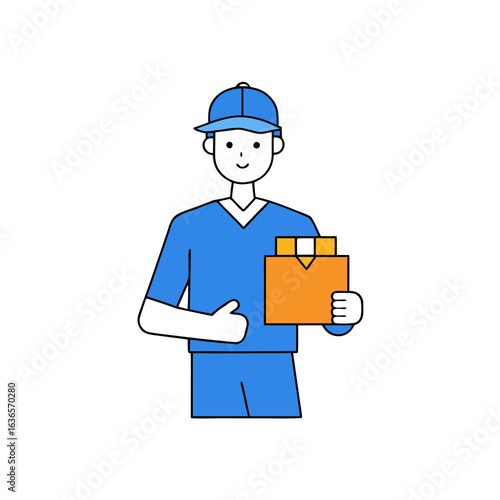 Delivery person in blue uniform holding orange package giving thumbs up vector