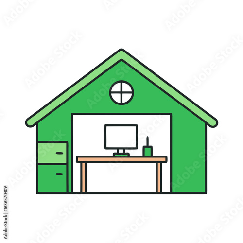 Green house with desk computer window home building