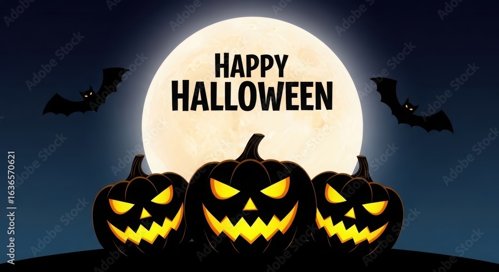Fototapeta premium Halloween Party Banner with Glowing Pumpkins on Dark Night Background