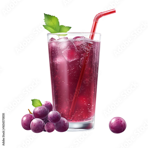 Refreshing purple grape juice with ice and straw in a tall glass with grapes isolated on transparent background