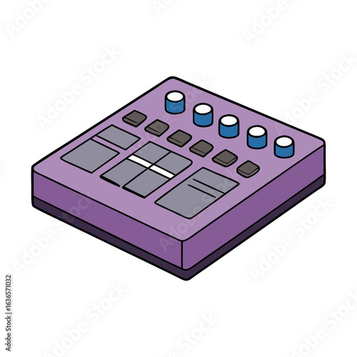 Purple music production controller with gray pads blue knobs electronic instrument