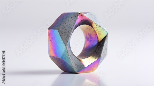 Abstract Geometric Sculpture with Iridescent Rainbow Finish and Textured Gray Surface