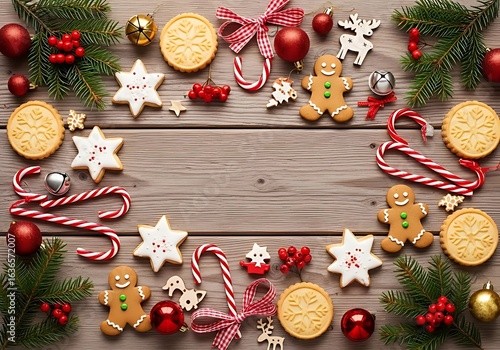 Christmas Frame Background with Gingerbread Cookies, Candy Canes, and Ornaments