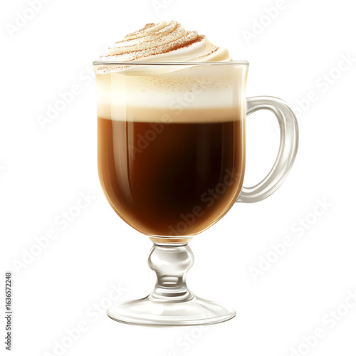 A delicious hot irish coffee with whipped cream and cinnamon topping isolated on transparent background