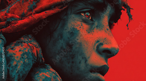 Close Up Portrait of a Child's Face, Dirt Smudged, Red Background