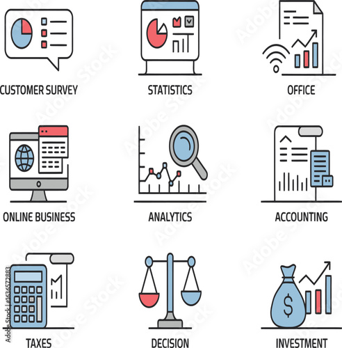 Modern business icons depicting customer survey, statistics, office, online business, analytics, accounting, taxes, decision, and investment strategies
