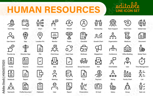 Human Resources icon set with linear style illustrations of recruitment, employee management, office teamwork, hiring, payroll, HR analytics, and performance review.