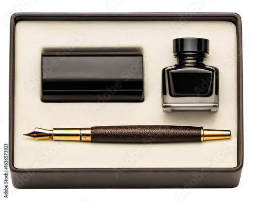Luxury fountain pen gift set with black ink and a rocker blotter on a transparent background
