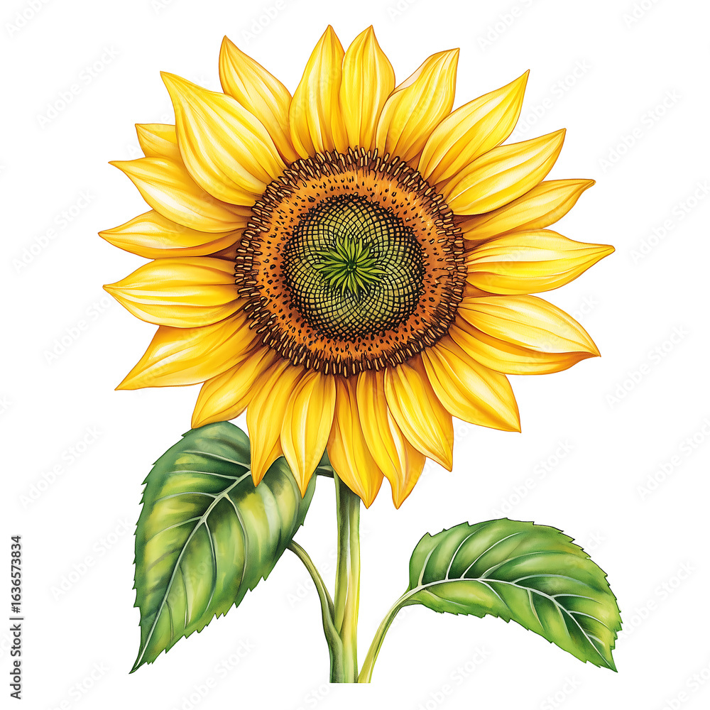Fototapeta premium Vibrant sunflower with bright yellow petals and green leaves, symbolizing warmth and positivity. Isolated on transparent white background, png