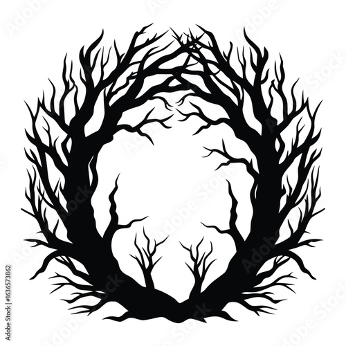 Spooky Silhouette Tree Branches Circle Frame Design Graphic on White Background