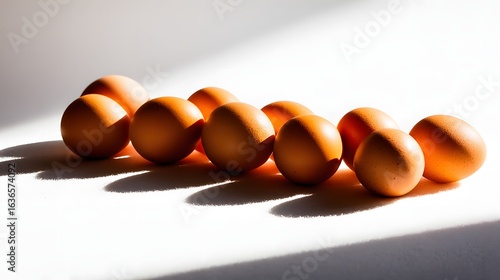 Brown eggs arranged in a row on a white surface.