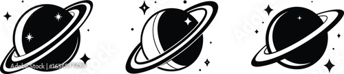 Set of Three Whimsical Planets with Rings and Sparkling Stars Illustration