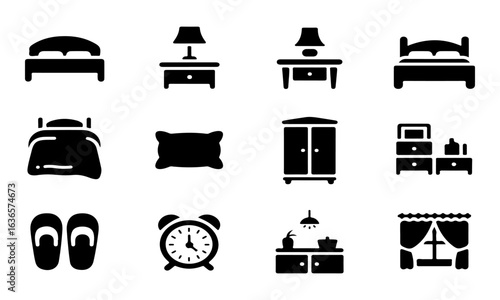 Bedroom furniture and accessories icons in silhouette style Keywords bed, bedside table
