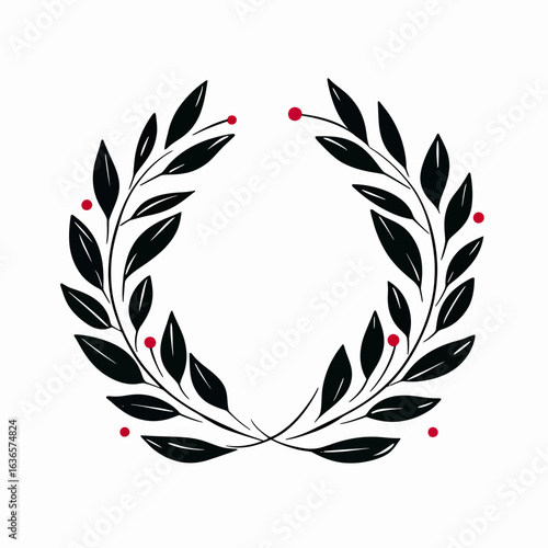 Minimalist laurel wreath vector illustration with black leaves and red berries flat design for graphic decoration and emblem use