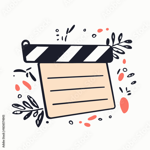 Hand-drawn film clapperboard icon with decorative leaves and abstract dots minimalist vector illustration for movie production concept design