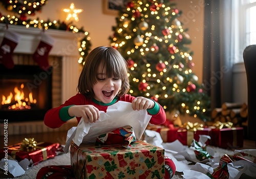 Happy Boy Opening a Magical Glowing Christmas Present Under the Tree
