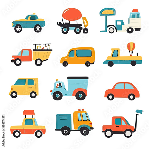 Set of colorful cartoon toy cars and trucks including taxi, pickup, ambulance, cement mixer, hatchback, van, and utility vehicles in flat minimalist vector style