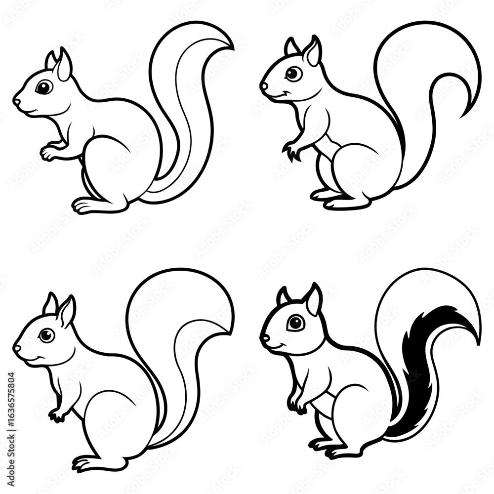 Naklejka premium Four outlined squirrels with bushy tails in various poses ready for coloring and creative projects use