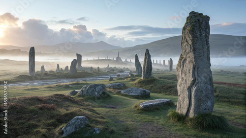 Photo of ancient celtic standing stones of callanish circle on isle of lewis at dawn with mist rolling between monoliths