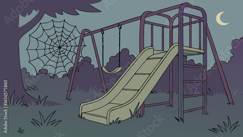 An abandoned playground at night features a swing set a slide and a large spiderweb on a tree under a crescent moon