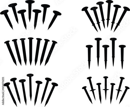 Various clusters of nails in black silhouette, representing tools and construction