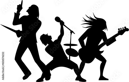 Silhouette of Energetic Rock Band Performing on Stage: Powerful, Edgy, and Dramatic.