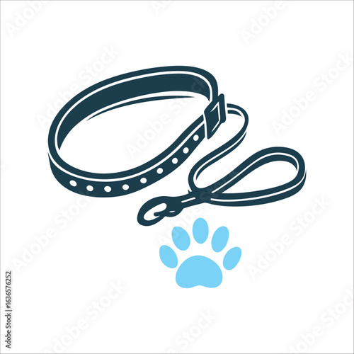 Dog Collar Leash Paw Print Vector Illustration Dog Walking A leash leading to a paw print