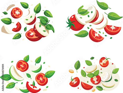 Caprese salad illustration with tomatoes, mozzarella, basil, floating arrangement on white backdrop