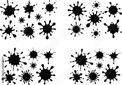 Stylized Vector Graphics of Black Ink Splatter, Blotches, and Spots on White