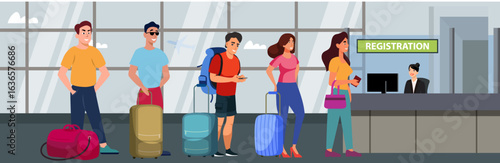 people queue registration check in process administrator receptionist desk counter checking passenger document flight passport control airport terminal interior
