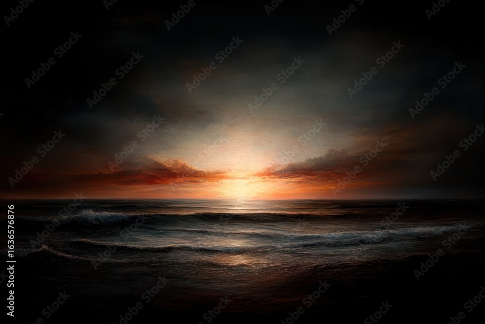 Fototapeta premium Beautiful sunlit horizon with warm glowing sky at sunset.